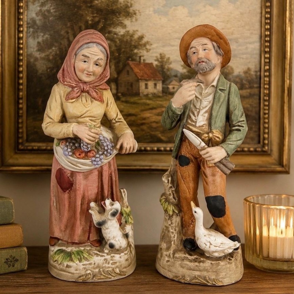 Homco Old World Farm Couple Porcelain Figurines VTG 70s Cottage Decor Dog Goose